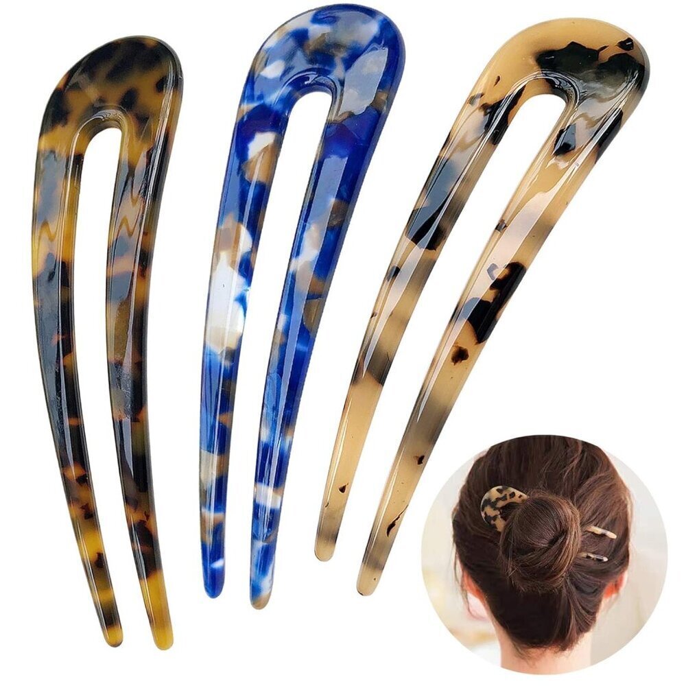 Hair Forks Cellulose Acetate U Shape 4.3 Inch Bun Hair Pins 3 Pack